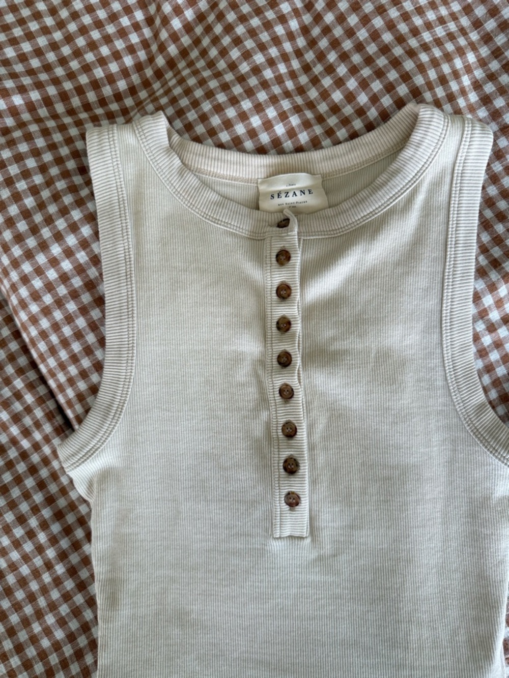 Sezane Cream Cotton Ribbed Henley Tank with Buttons